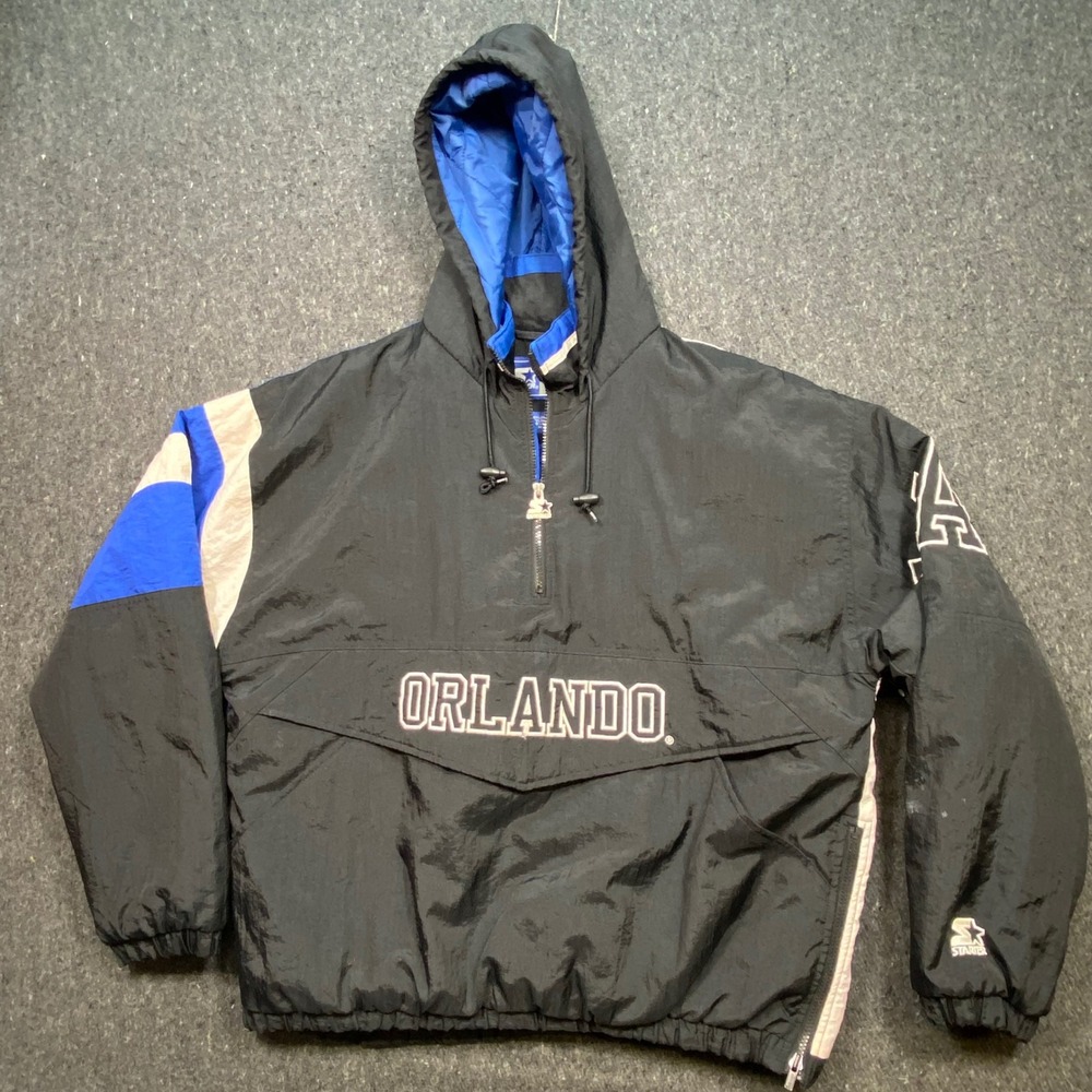 Starter Orlando Magic Jacket Sz‎ L Mens Black Blue Vintage 90s NBA Hooded Pouch